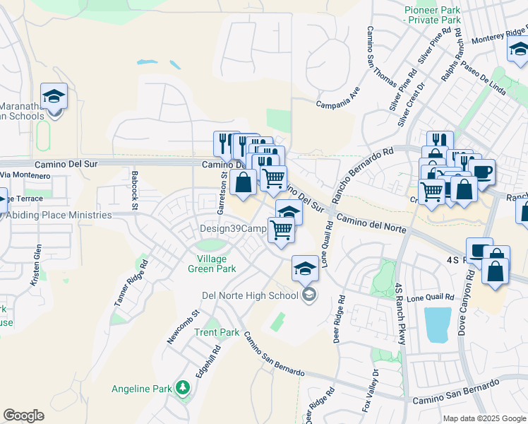 map of restaurants, bars, coffee shops, grocery stores, and more near 16361 Paseo Del Sur in San Diego