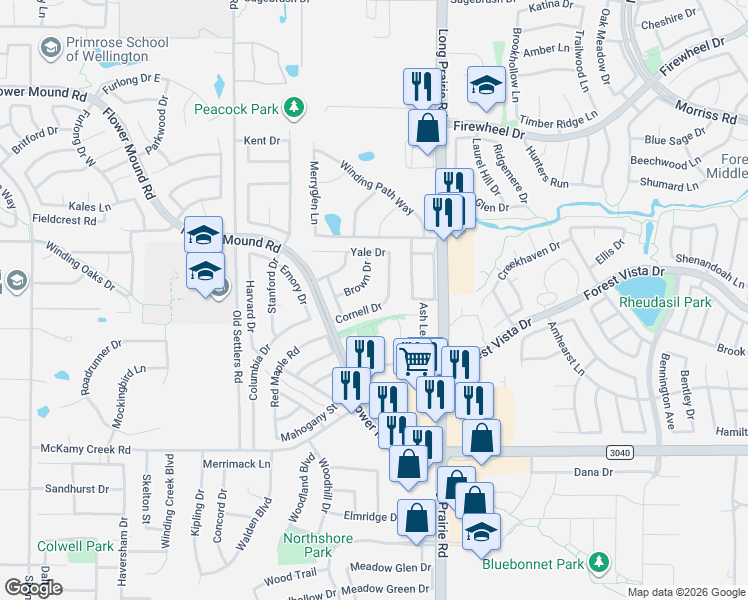 map of restaurants, bars, coffee shops, grocery stores, and more near 2516 Brown Drive in Flower Mound