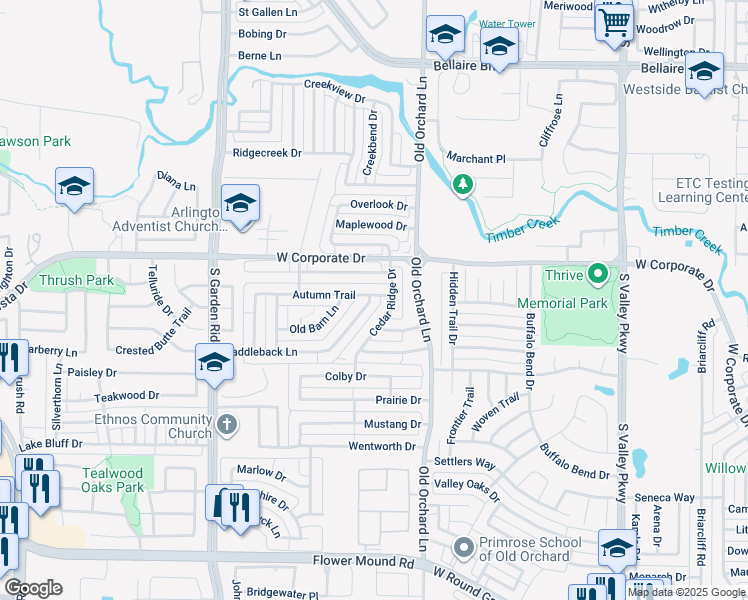 map of restaurants, bars, coffee shops, grocery stores, and more near 1306 Saddleback Lane in Lewisville