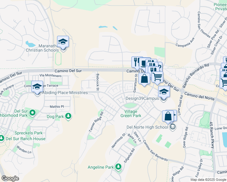 map of restaurants, bars, coffee shops, grocery stores, and more near 16750 Coyote Bush Drive in San Diego