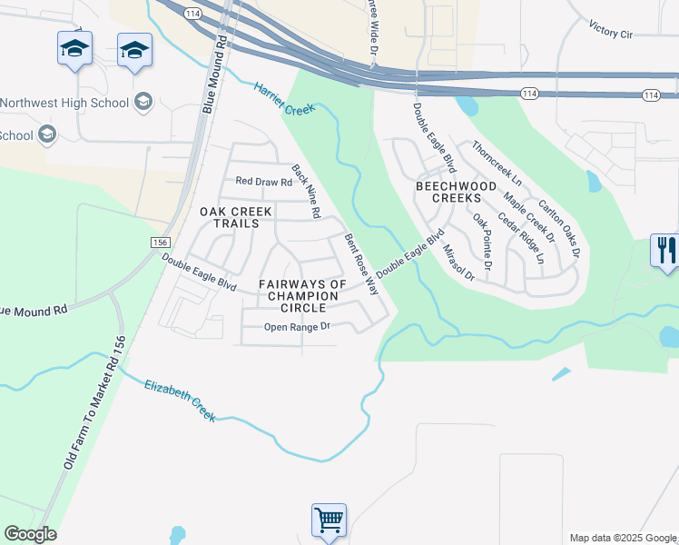 map of restaurants, bars, coffee shops, grocery stores, and more near 2529 Maple Stream Drive in Fort Worth