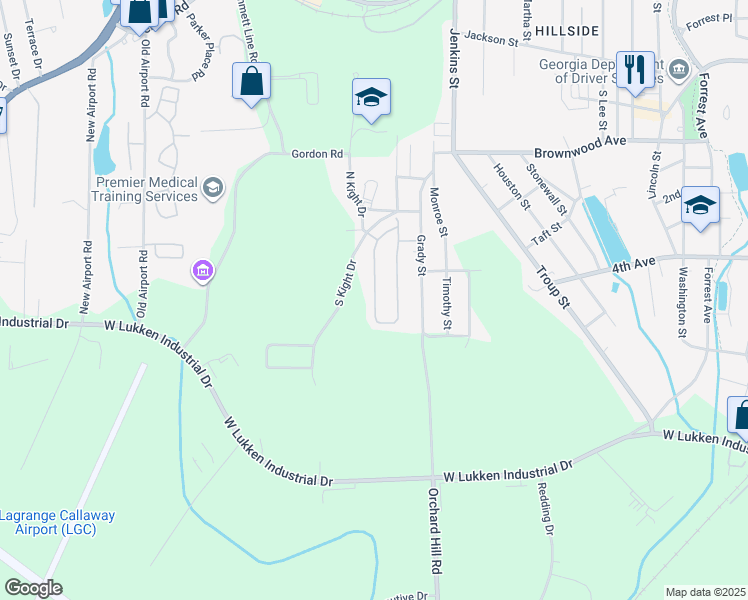 map of restaurants, bars, coffee shops, grocery stores, and more near 110 South Kight Drive in LaGrange