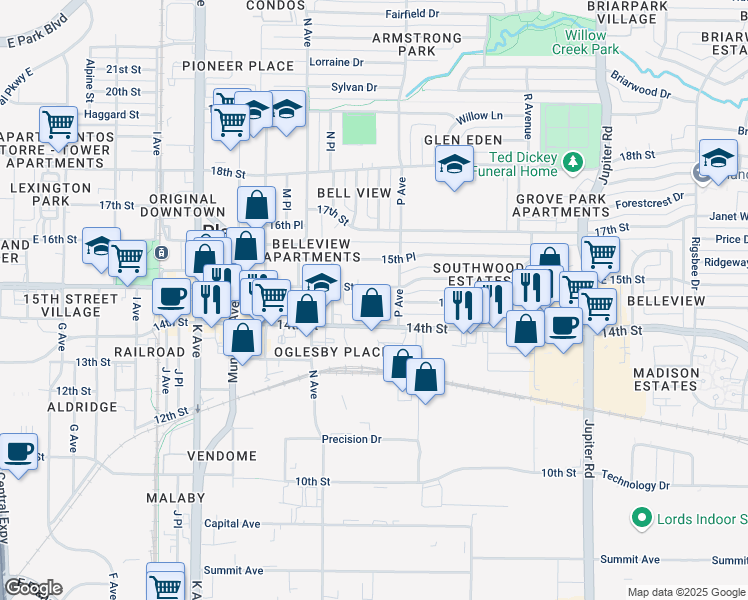 map of restaurants, bars, coffee shops, grocery stores, and more near 1600 East 15th Street in Plano