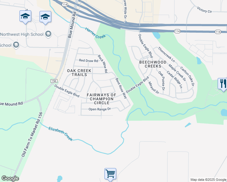 map of restaurants, bars, coffee shops, grocery stores, and more near 15817 Bent Rose Way in Fort Worth