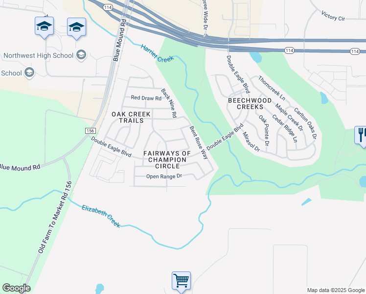 map of restaurants, bars, coffee shops, grocery stores, and more near 2516 TrailHead Drive in Fort Worth