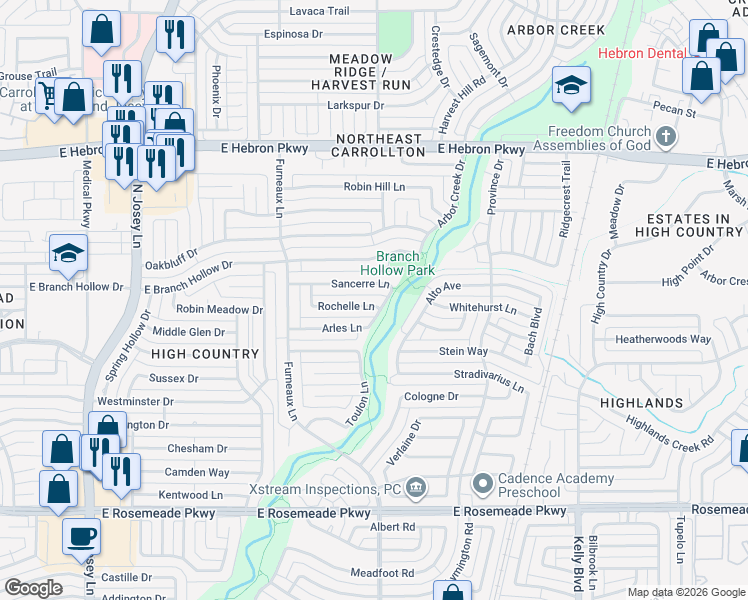 map of restaurants, bars, coffee shops, grocery stores, and more near 2036 Sancerre Lane in Carrollton