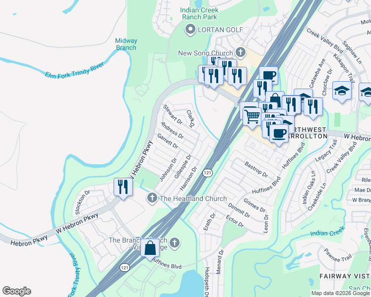 map of restaurants, bars, coffee shops, grocery stores, and more near 1805 Andress Drive in Carrollton