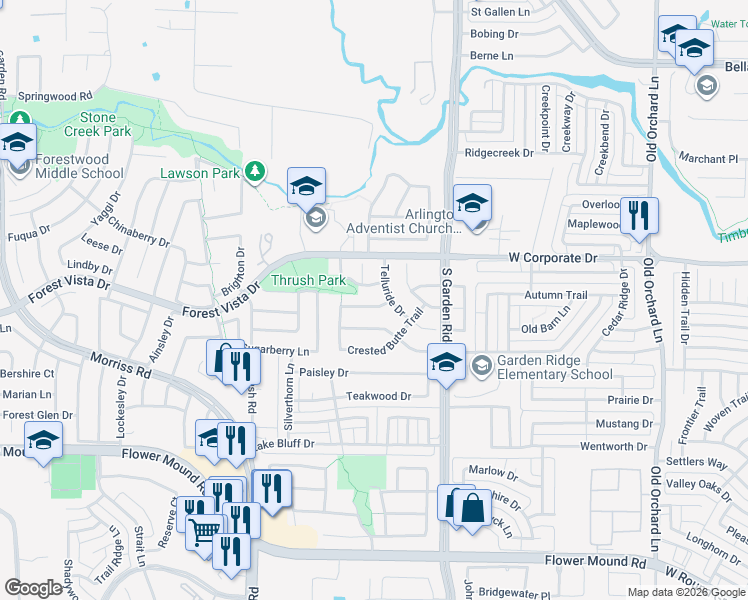 map of restaurants, bars, coffee shops, grocery stores, and more near 701 Boulder Way in Flower Mound