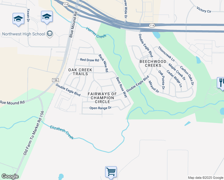 map of restaurants, bars, coffee shops, grocery stores, and more near 2525 Maple Stream Drive in Fort Worth