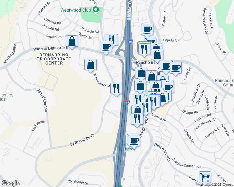 map of restaurants, bars, coffee shops, grocery stores, and more near 16875 West Bernardo Drive in San Diego