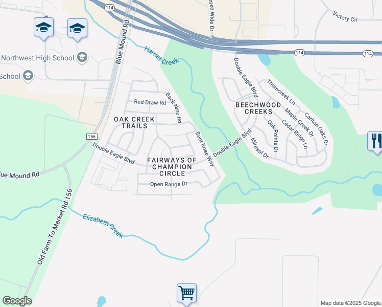 map of restaurants, bars, coffee shops, grocery stores, and more near 2529 Maple Stream Drive in Fort Worth