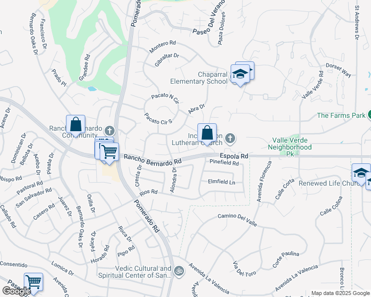 map of restaurants, bars, coffee shops, grocery stores, and more near 16934 Manresa Court in San Diego