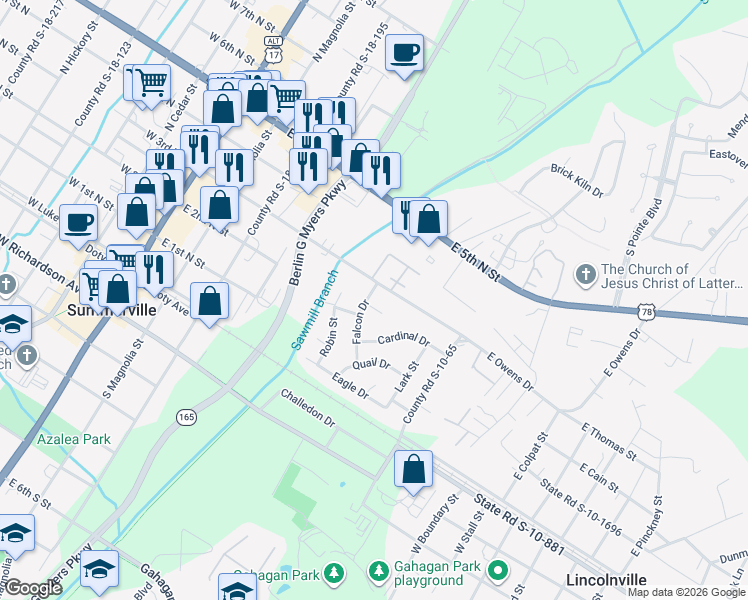 map of restaurants, bars, coffee shops, grocery stores, and more near 101 Wren Court in Summerville