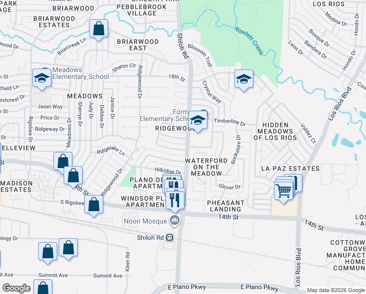 map of restaurants, bars, coffee shops, grocery stores, and more near 3540 Birchwood Lane in Plano
