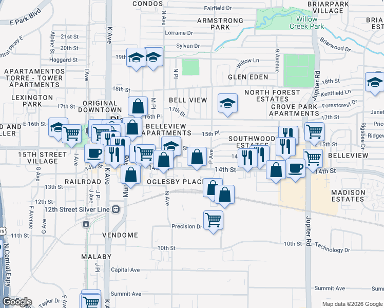 map of restaurants, bars, coffee shops, grocery stores, and more near 1514 East 15th Street in Plano