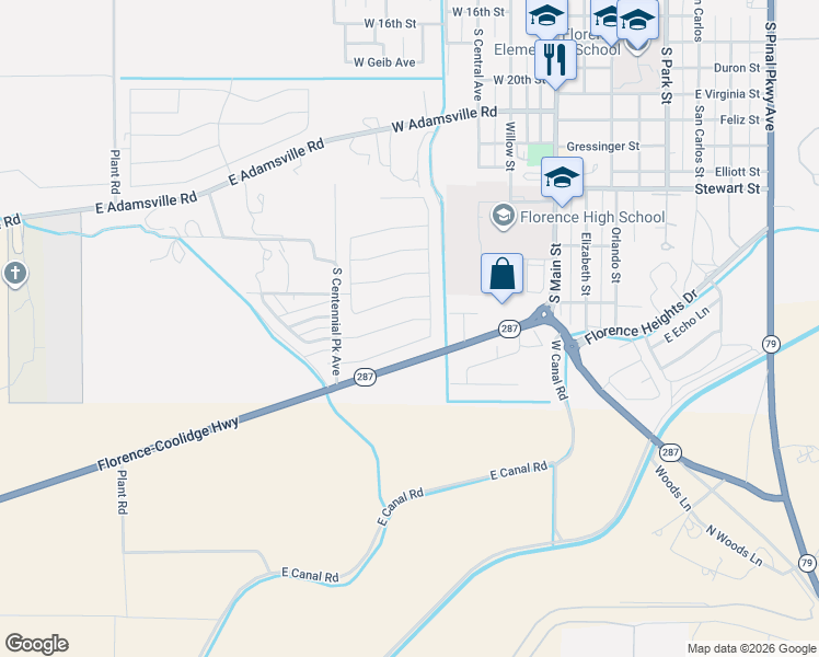 map of restaurants, bars, coffee shops, grocery stores, and more near 462 Florence-Coolidge Highway in Florence
