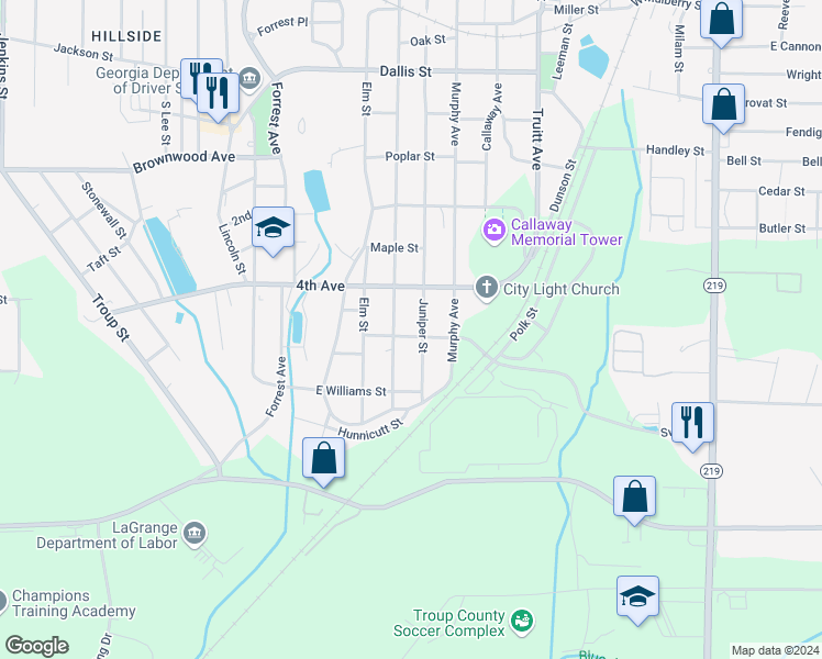 map of restaurants, bars, coffee shops, grocery stores, and more near 700 Swanson Street in LaGrange