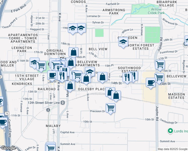 map of restaurants, bars, coffee shops, grocery stores, and more near 1500 East 15th Street in Plano