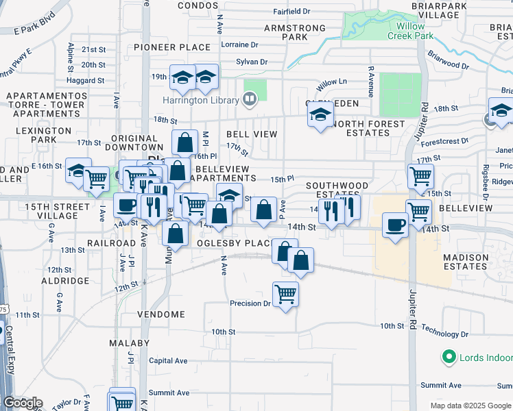 map of restaurants, bars, coffee shops, grocery stores, and more near 1514 East 15th Street in Plano