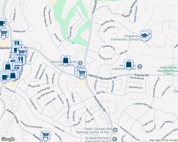 map of restaurants, bars, coffee shops, grocery stores, and more near 16935 Caminito Santico in San Diego