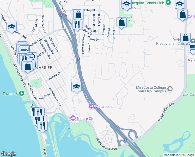 map of restaurants, bars, coffee shops, grocery stores, and more near 1014 Sea Village Drive in Encinitas