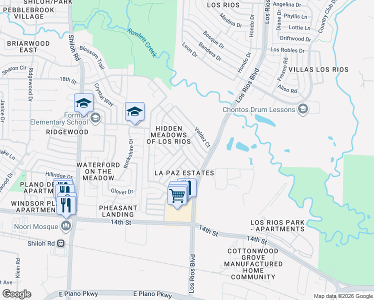 map of restaurants, bars, coffee shops, grocery stores, and more near 3932 Coronado Drive in Plano