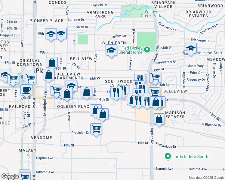 map of restaurants, bars, coffee shops, grocery stores, and more near 1712 East 15th Street in Plano