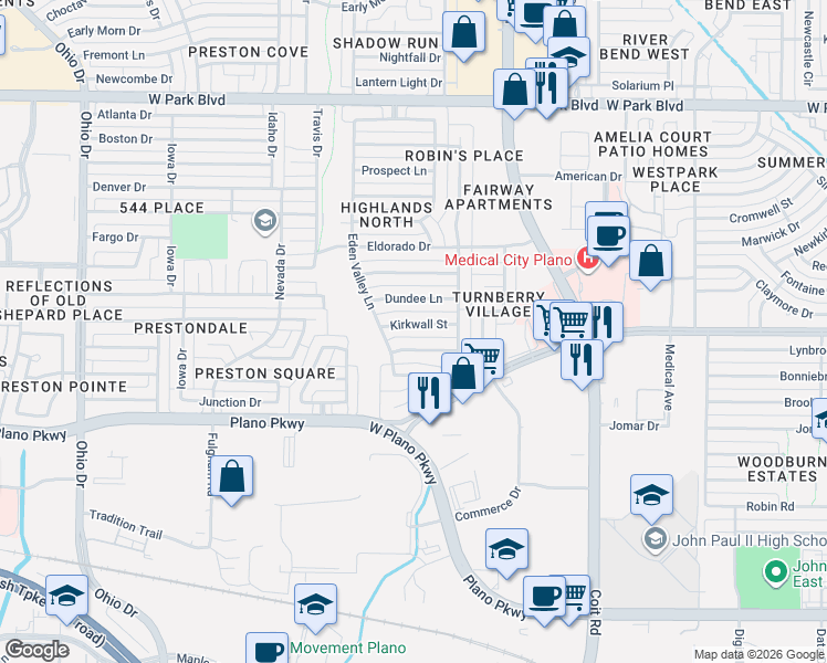 map of restaurants, bars, coffee shops, grocery stores, and more near 4124 Kirkwall Street in Plano