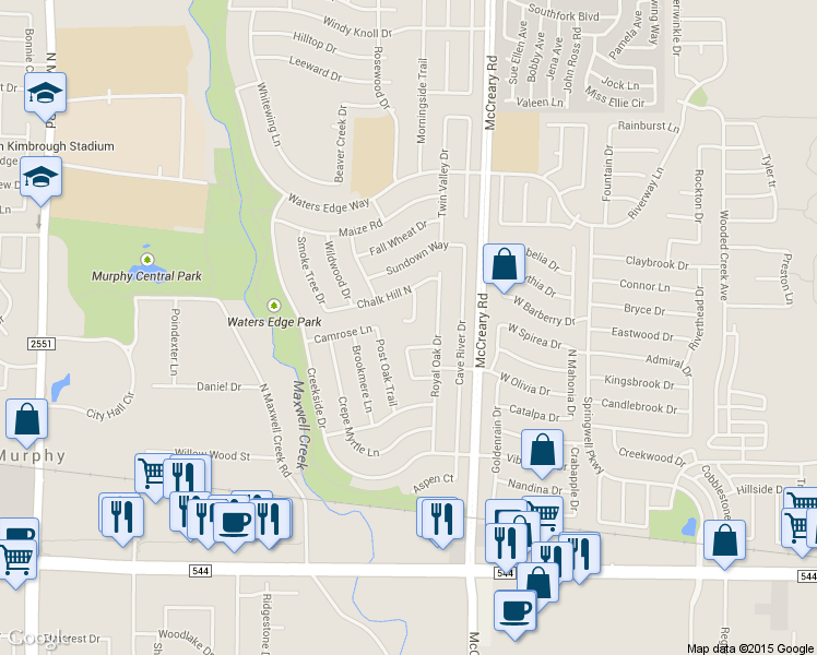map of restaurants, bars, coffee shops, grocery stores, and more near 434 Teagarden in Murphy