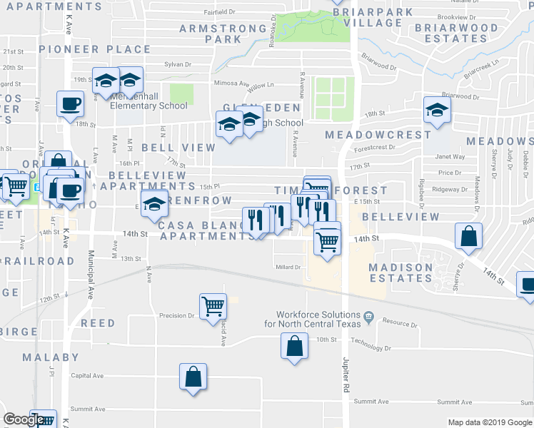 map of restaurants, bars, coffee shops, grocery stores, and more near 1721 14th Place in Plano