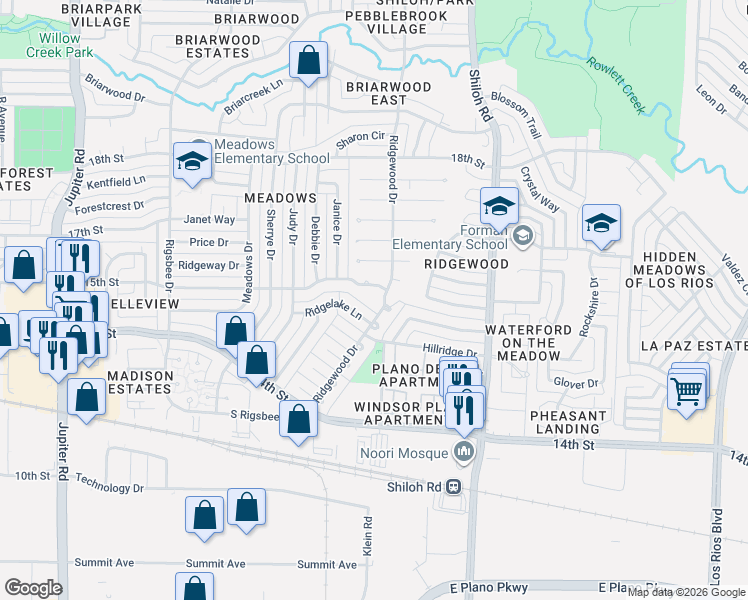map of restaurants, bars, coffee shops, grocery stores, and more near 1455 Ridgewood Drive in Plano