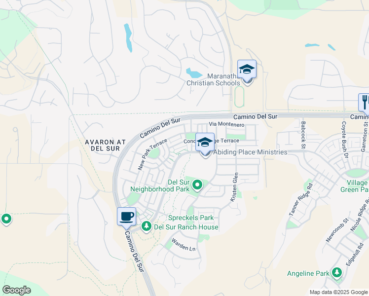 map of restaurants, bars, coffee shops, grocery stores, and more near 15701 Concord Ridge Terrace in San Diego