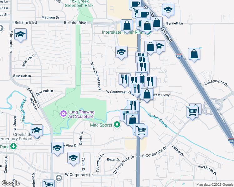 map of restaurants, bars, coffee shops, grocery stores, and more near 101 Chelsea Court in Lewisville