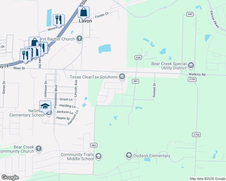 map of restaurants, bars, coffee shops, grocery stores, and more near 608 Alpine Way in Lavon