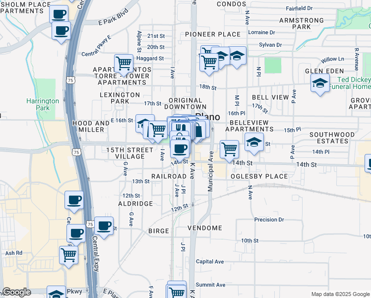 map of restaurants, bars, coffee shops, grocery stores, and more near 1012 J Place in Plano