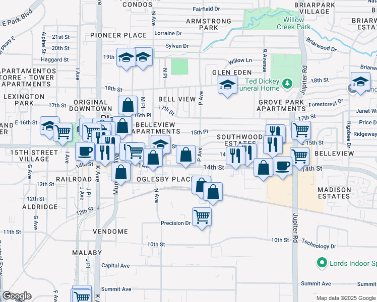 map of restaurants, bars, coffee shops, grocery stores, and more near 1600 East 15th Street in Plano