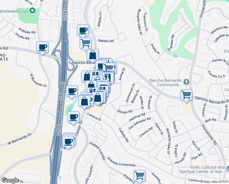map of restaurants, bars, coffee shops, grocery stores, and more near 16925 Hierba Drive in San Diego