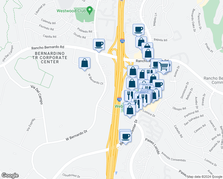 map of restaurants, bars, coffee shops, grocery stores, and more near 16875 West Bernardo Drive in San Diego
