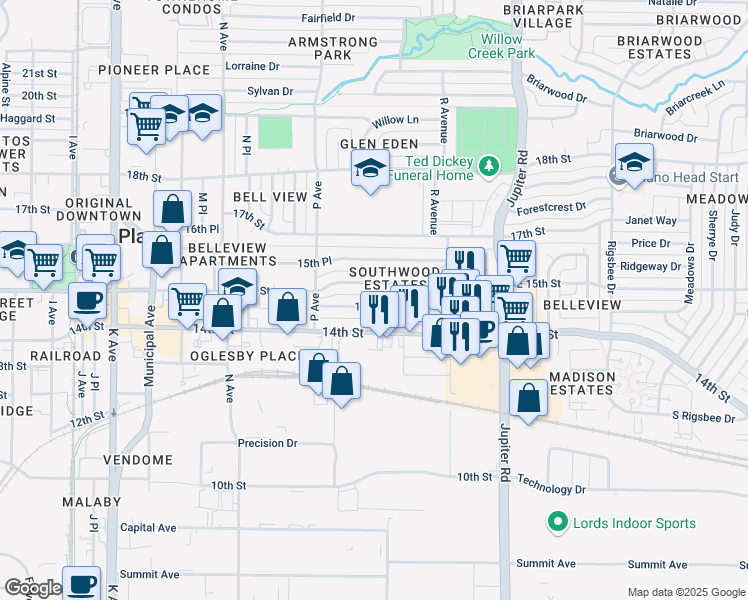map of restaurants, bars, coffee shops, grocery stores, and more near 1712 East 15th Street in Plano