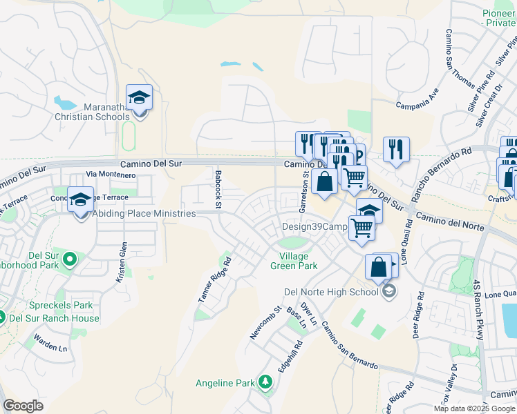 map of restaurants, bars, coffee shops, grocery stores, and more near 16750 Coyote Bush Drive in San Diego
