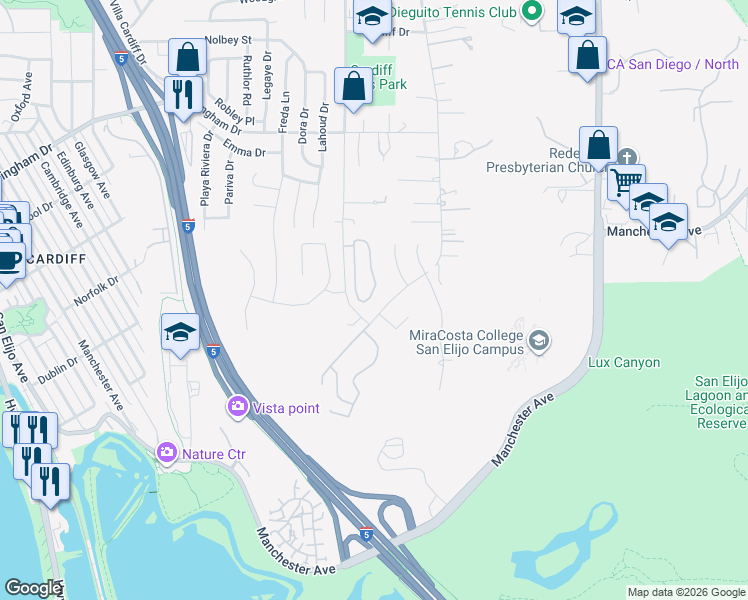 map of restaurants, bars, coffee shops, grocery stores, and more near 2120 Sea Village Circle in Encinitas
