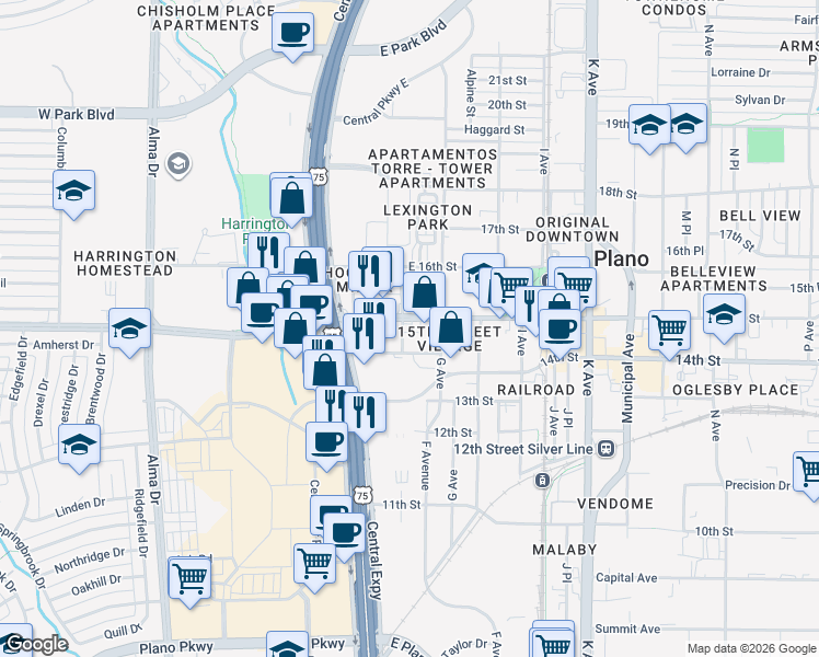 map of restaurants, bars, coffee shops, grocery stores, and more near 700 E 15th St in Plano