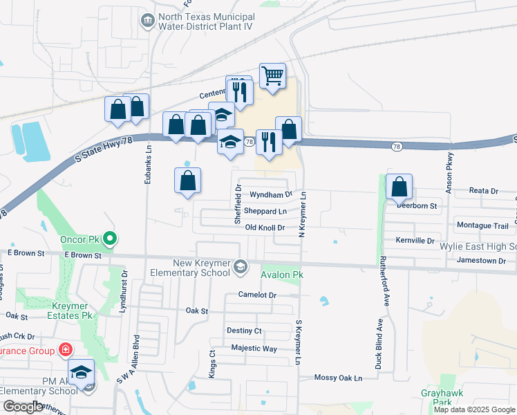 map of restaurants, bars, coffee shops, grocery stores, and more near 1211 Sheppard Lane in Wylie