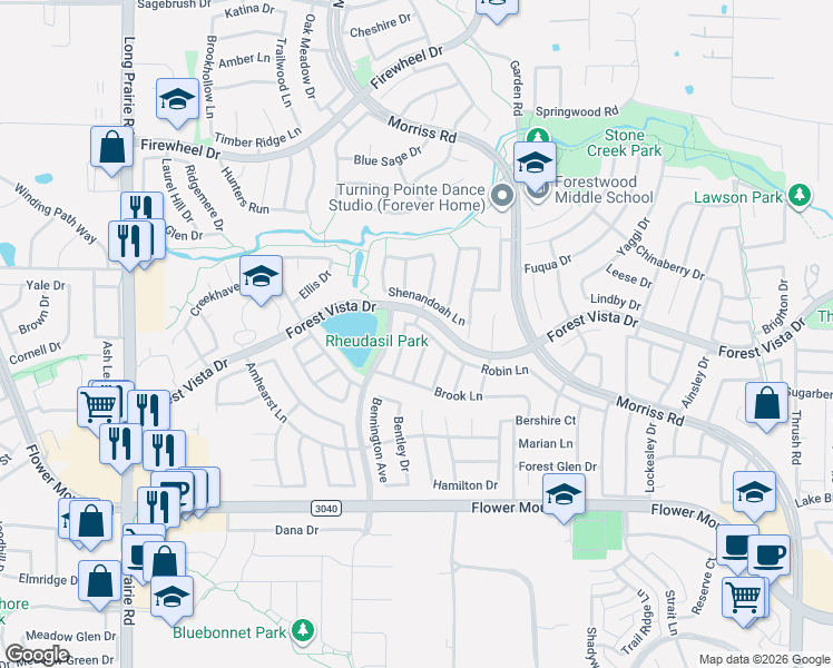 map of restaurants, bars, coffee shops, grocery stores, and more near 1928 Robin Lane in Flower Mound