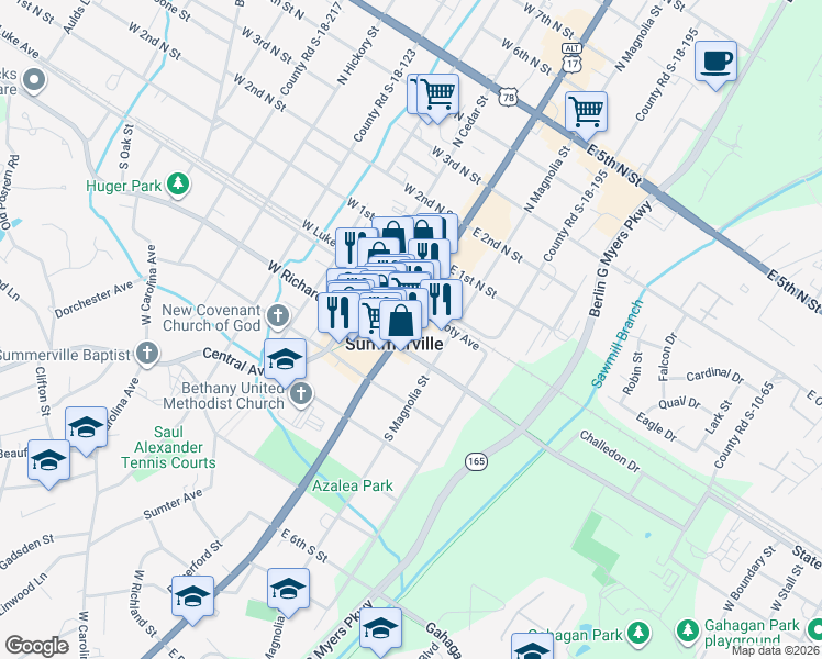 map of restaurants, bars, coffee shops, grocery stores, and more near 117 South Main Street in Summerville