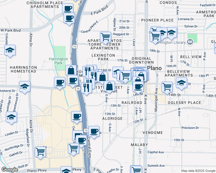 map of restaurants, bars, coffee shops, grocery stores, and more near 800 East 15th Street in Plano