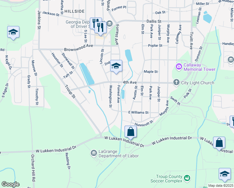 map of restaurants, bars, coffee shops, grocery stores, and more near 1310 Forrest Avenue in LaGrange
