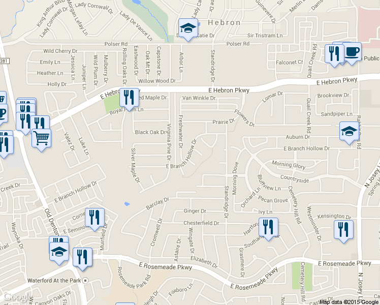map of restaurants, bars, coffee shops, grocery stores, and more near 1417 East Branch Hollow Drive in Carrollton