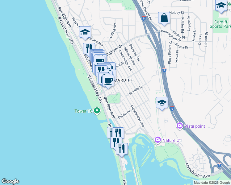 map of restaurants, bars, coffee shops, grocery stores, and more near 2140B Newcastle Avenue in Encinitas