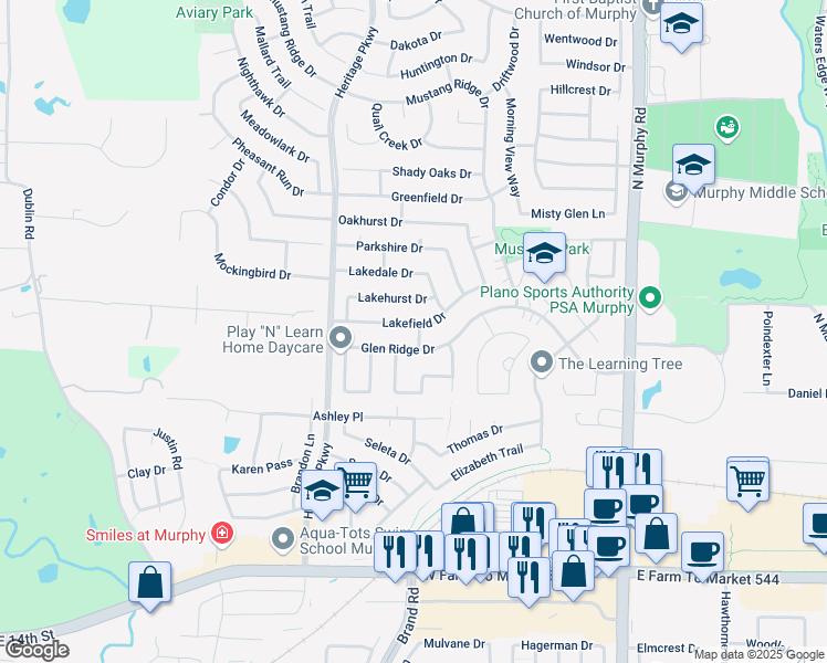 map of restaurants, bars, coffee shops, grocery stores, and more near 414 Lakefield Drive in Murphy